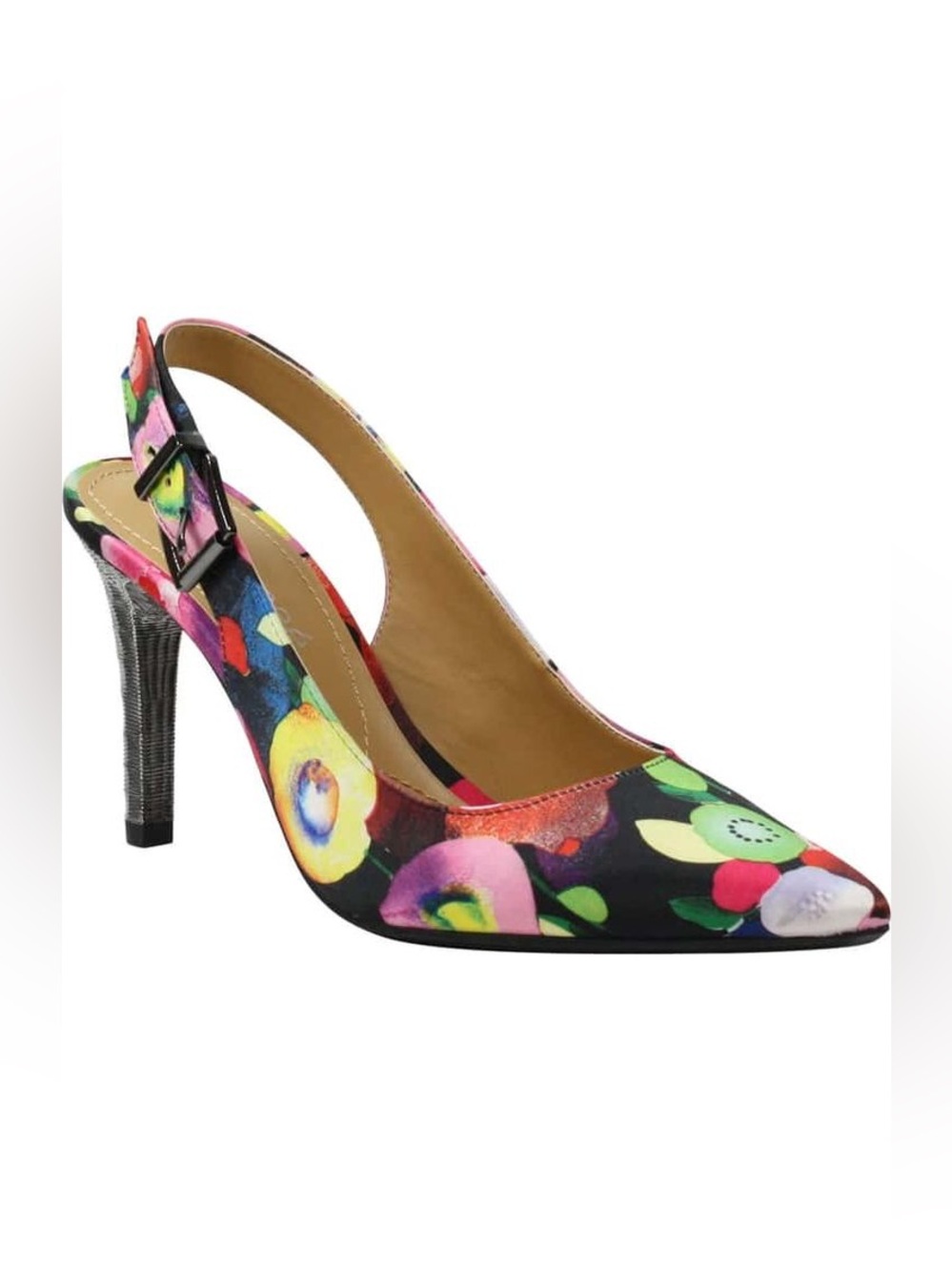 J. Reneé Colorful Floral Pointed-Toe Slingback Pump 3 inch Silver Heel, Sz 5 1/2